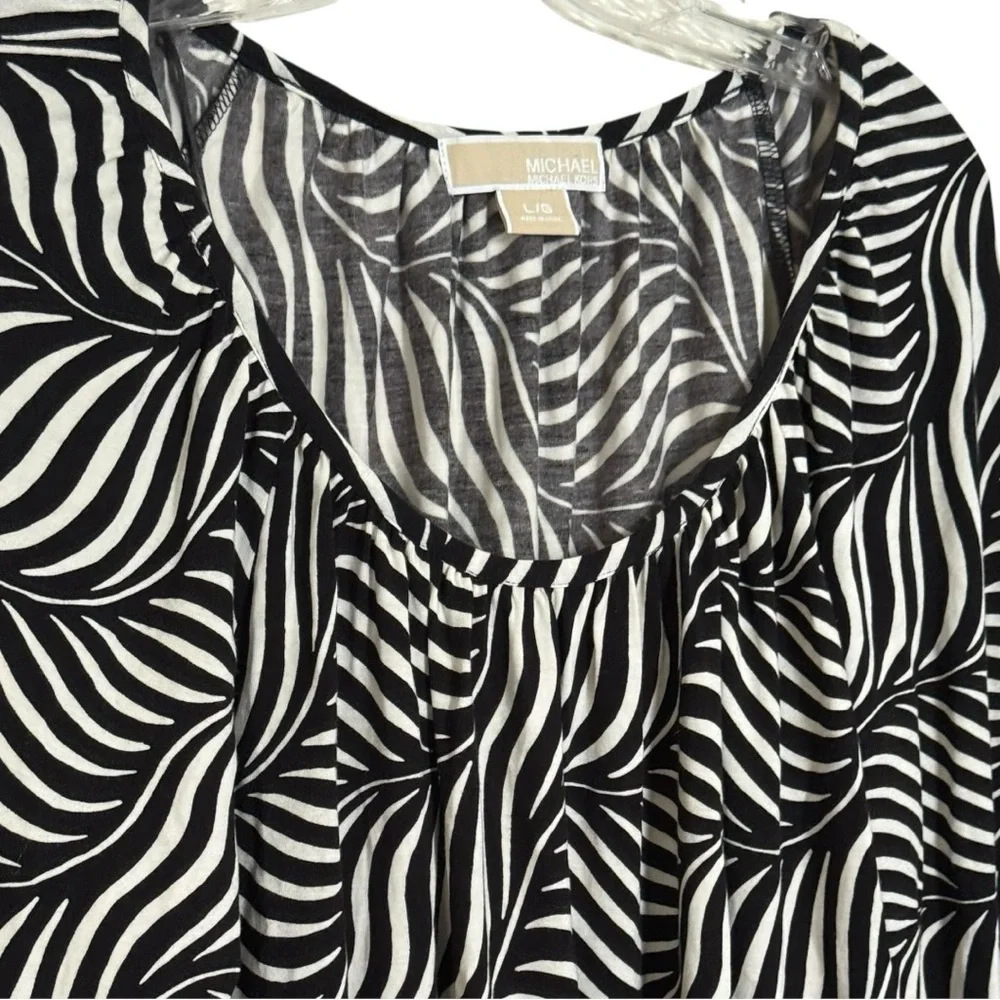 Michael Kors Ruched Round Neck Black White Zebra Print Long Sleeve Soft Blouse L